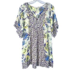 Joie sz XS Silk Dress Prairie Boho Tunic Yellow & Blue Lightweight Sheer w Slip